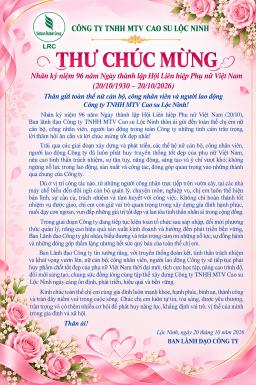 Thư Chúc Mừng Nhân kỷ niệm 96 năm Ngày thành lập Hội Liên hiệp Phụ nữ Việt Nam và Ngày Phụ nữ Việt Nam 20/10